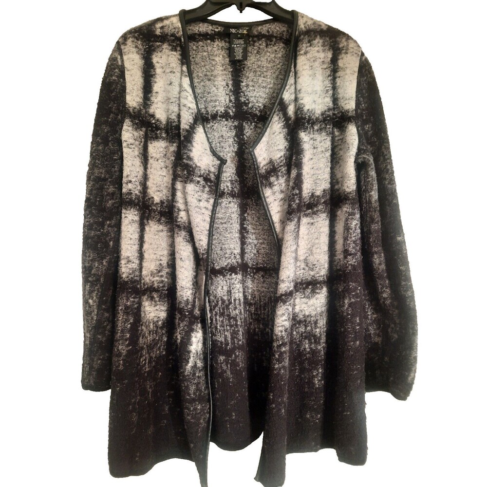 Nic + Zoe Medium Long Open Cardigan with Faux Leather Trim Jacket Soft